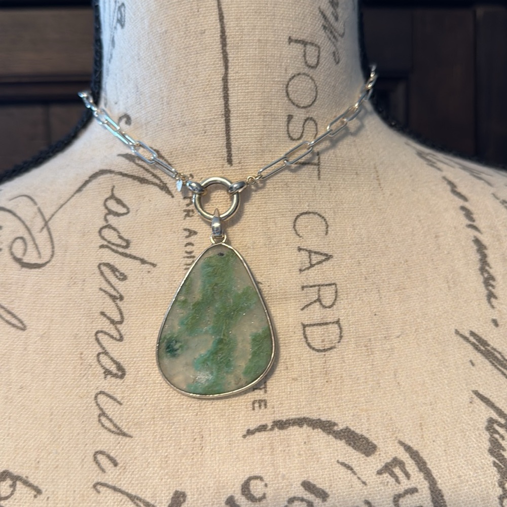 Custom made S/S paperclip necklace with jade encased in S/S